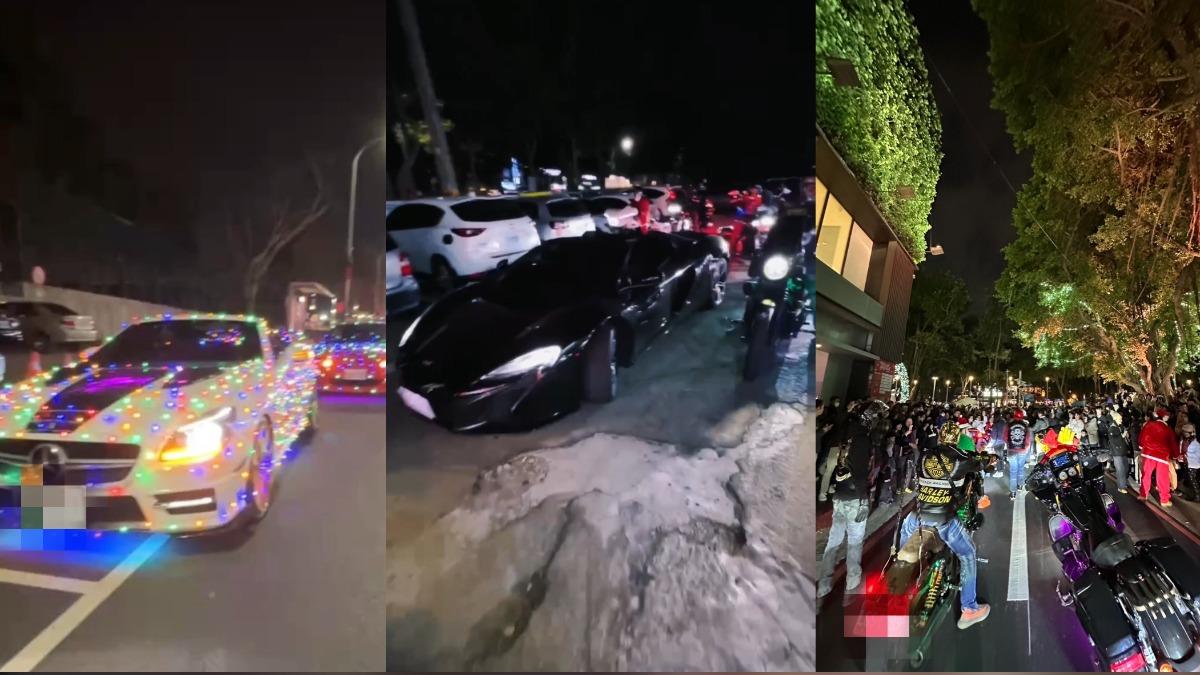 台中市區內21日晚間出現市值約8千萬的跑車、重機車隊。（圖／王姓召集人提供）