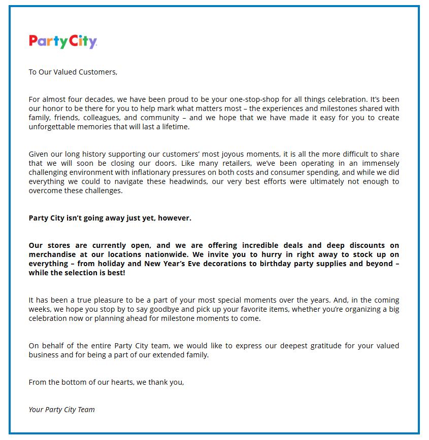Party City向長年支持的顧客表達感謝。(圖/翻攝自Party City官網)