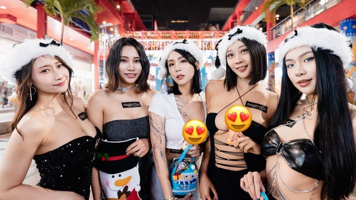 卡利(左3)率NightCo女孩化身暗夜聖誕天使。(圖/NightCo提供)