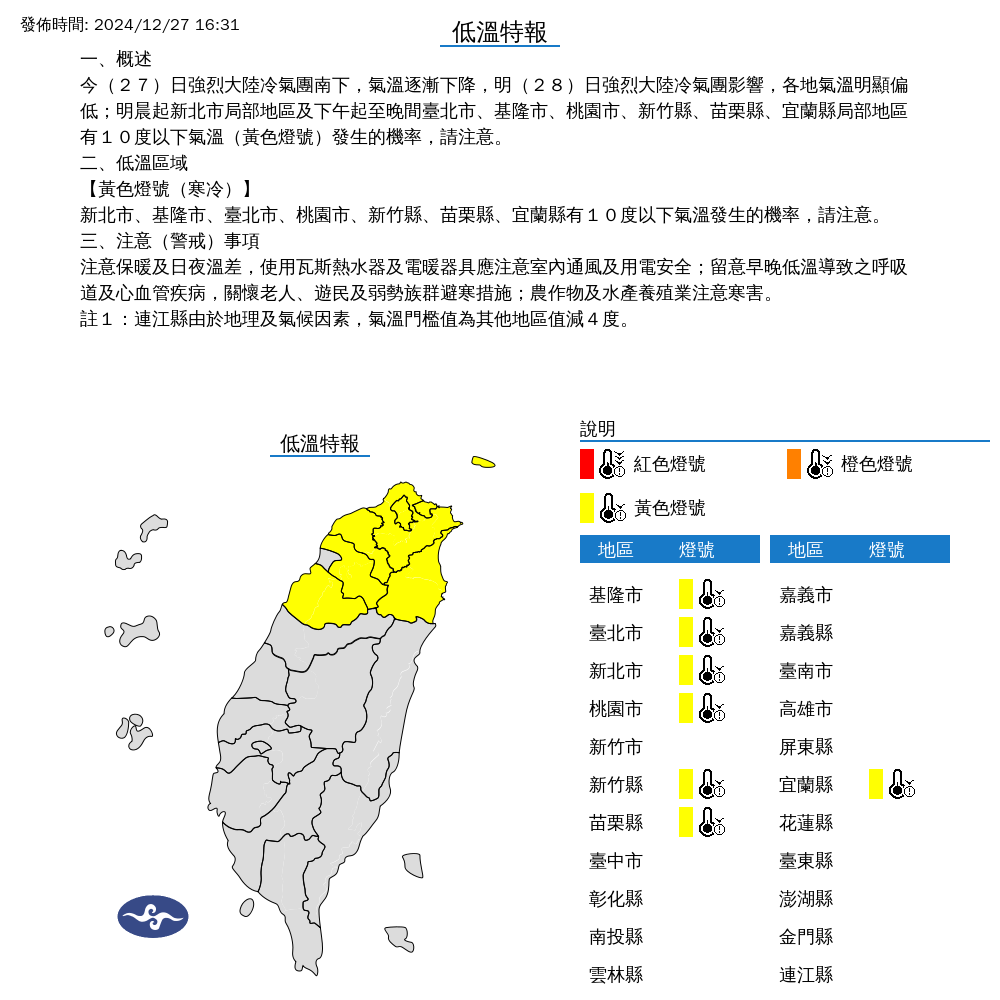 氣象署針對7縣市發布低溫特報。（圖／氣象署）