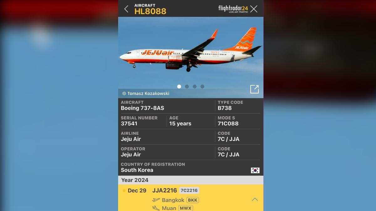 該班濟州航空是波音客機,機齡15年。(圖/翻攝自 Flightradar)