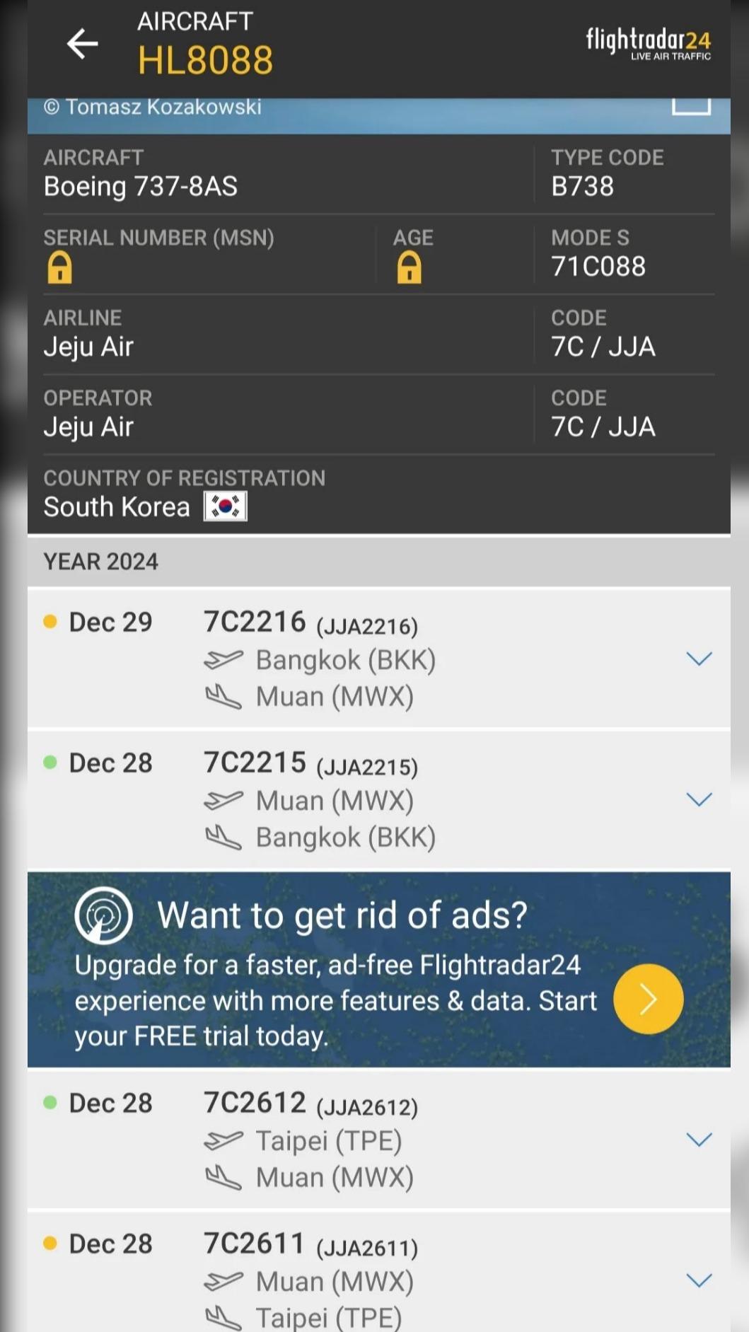 飛行紀錄顯示,該架飛機昨日剛執飛台灣到務安的航線。(圖/取自flightradar24)