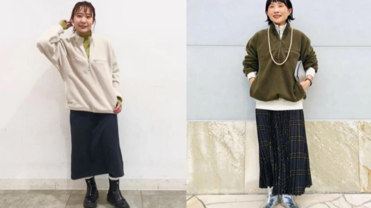 高領套頭衫搭配半身裙展現優雅氣質。（圖／UNIQLO）