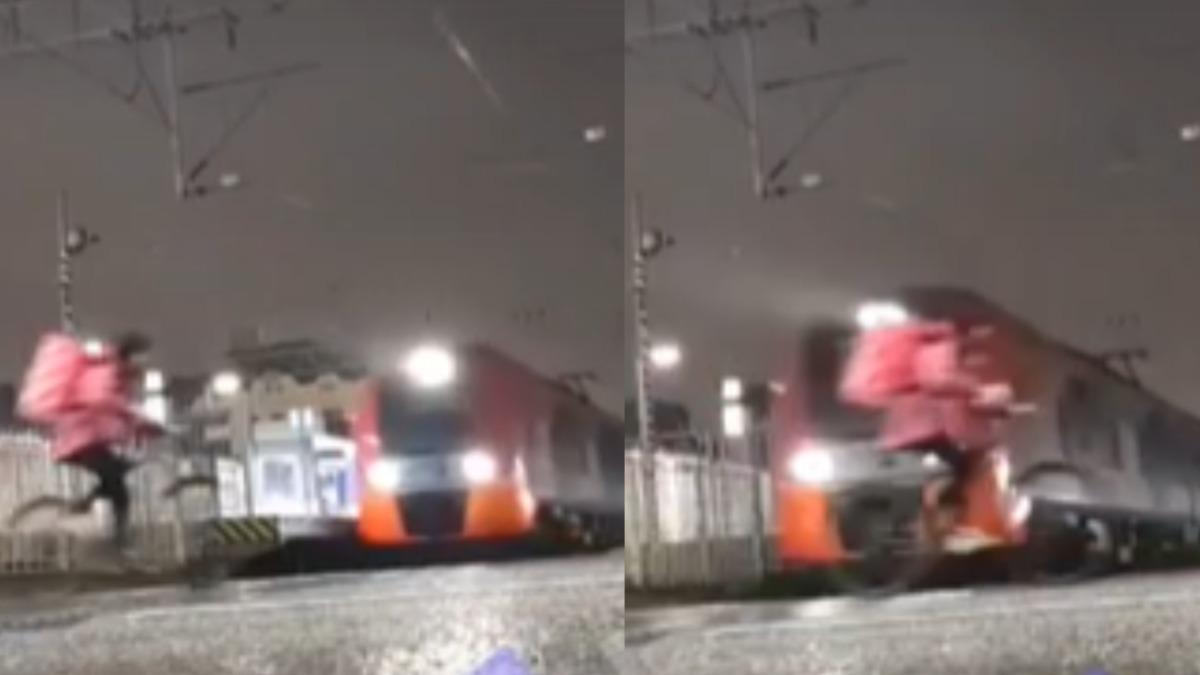 與死神擦身!外送員「腳踏車跟火車比速度」 差1秒被撞飛