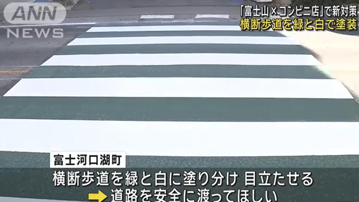 富士山週邊防遊客穿越馬路，祭出「綠白相間」斑馬線妙招。（圖／翻攝自テレ朝news）