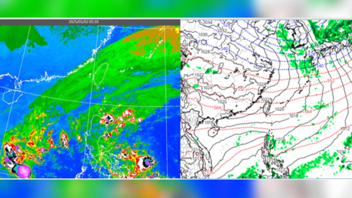 左圖：中層雲遮蔽台灣上空。右圖：下週二（7日）大陸高壓籠罩，降水區離台灣都很遠。（圖／洩天機教室）