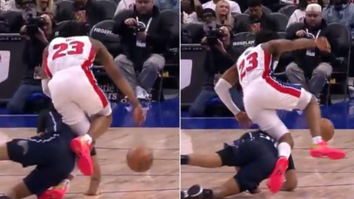 艾維的左腿被安東尼撞上。（圖／翻攝自X@BleacherReport）