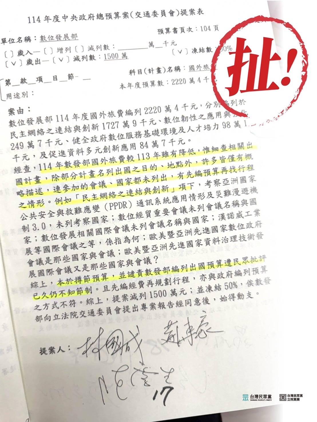 林國成指出,數發部今年度編列高達新台幣2220萬元國外旅費,計畫內容寫法含糊不清。(圖/民眾黨提供)