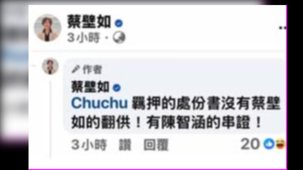 蔡壁如在臉書回應網友「羈押的處份書沒有蔡壁如的翻供!有陳智菡的串證!」。(圖/蔡壁如臉書)
