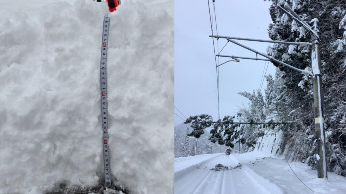 日本青森部分地區積雪破一公尺，引發樹倒影響交通。（圖／翻攝自Ｘ＠JRE_Tohoku_A、@shouno1）