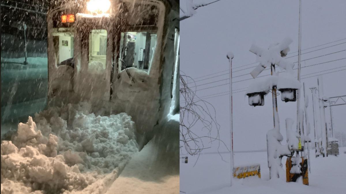 青森大雪導致電車一度停駛。（圖／翻攝自Ｘ＠）