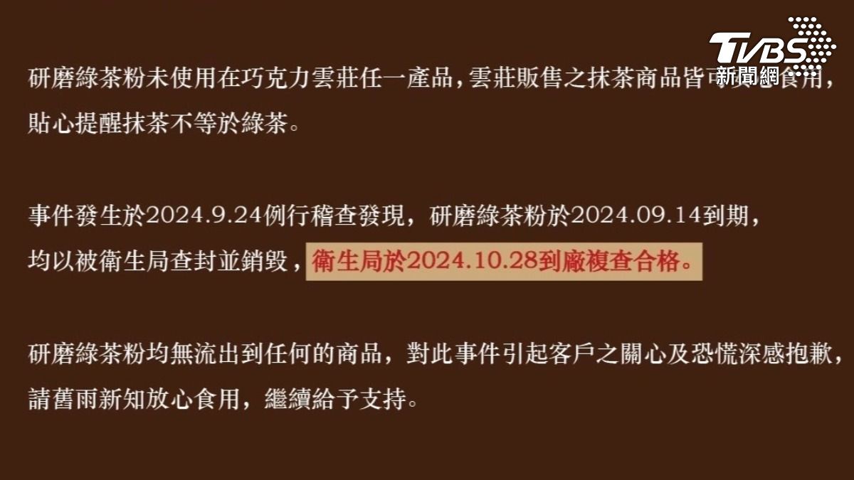 被查獲綠茶粉逾期 巧克力雲莊緊急聲明:客人委託製造剩餘未取回,對消費者致歉。(圖/巧克力雲莊)