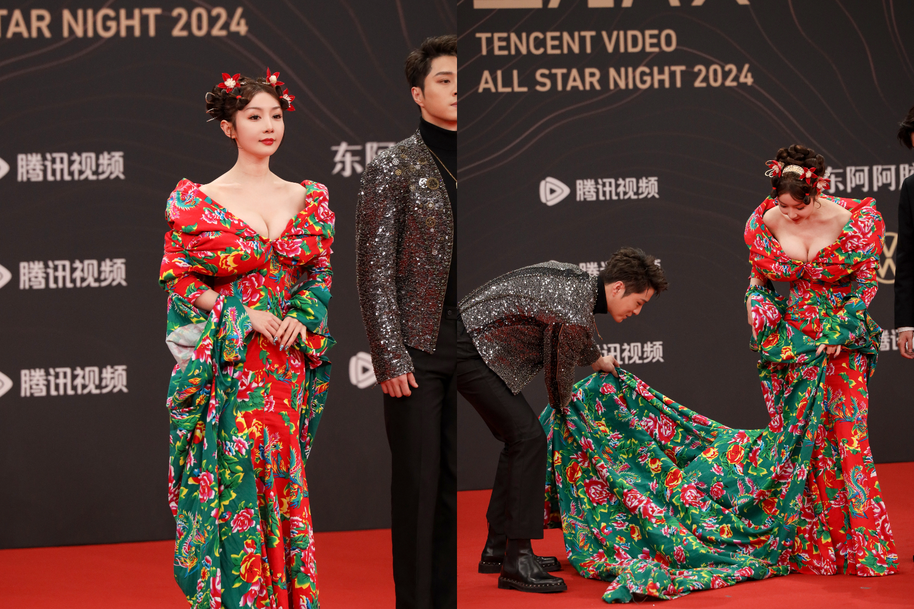 上淇身穿低胸東北大棉襖禮服上陣，展現傲人好身材。（圖／翻攝自微博上淇Bolla）