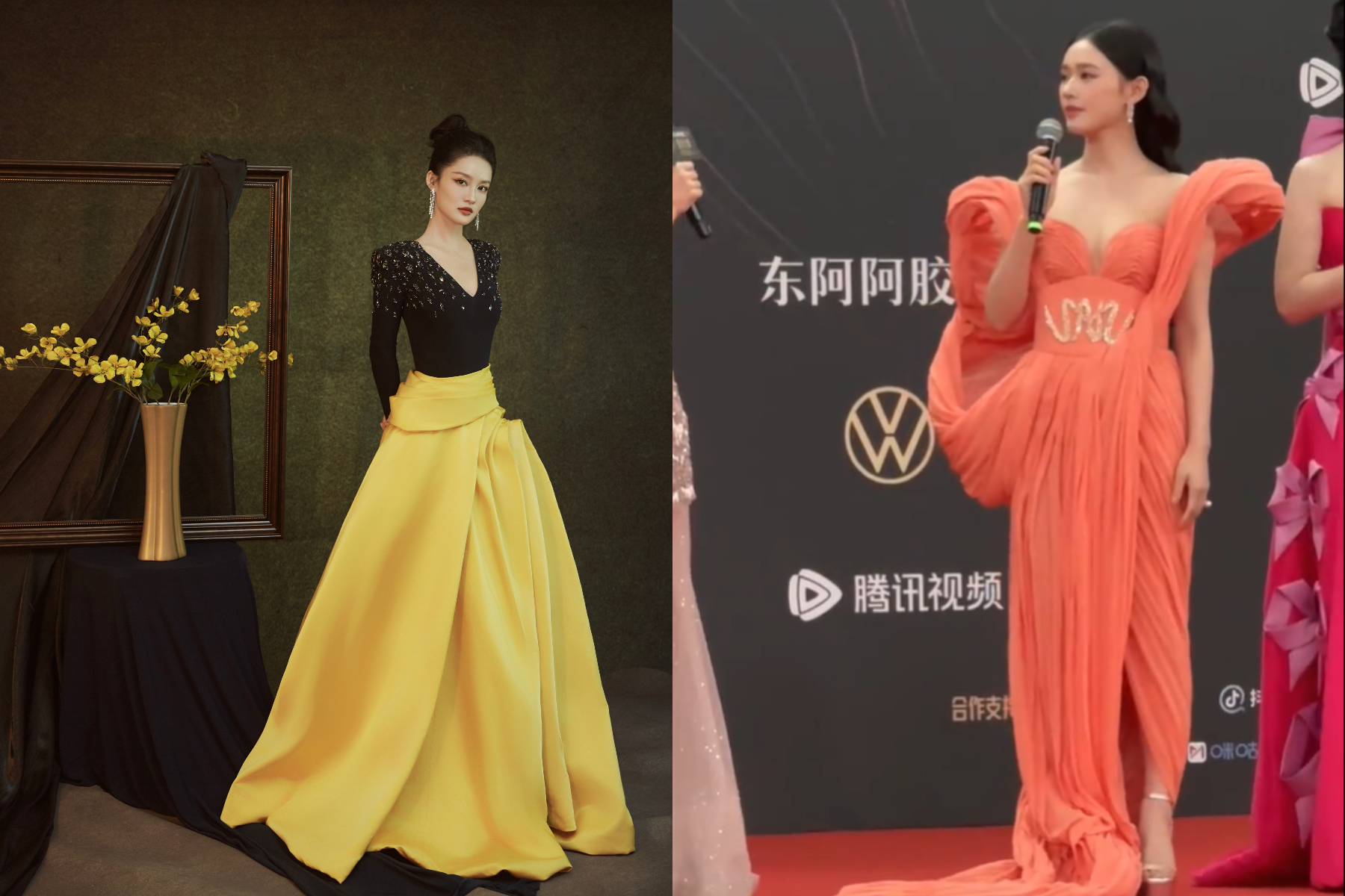 李沁以低胸黑配黃的組合登場，「星女郎」林允展示粉紅女郎一面。（圖／翻攝自微博李沁工作室、娛仁娛影）