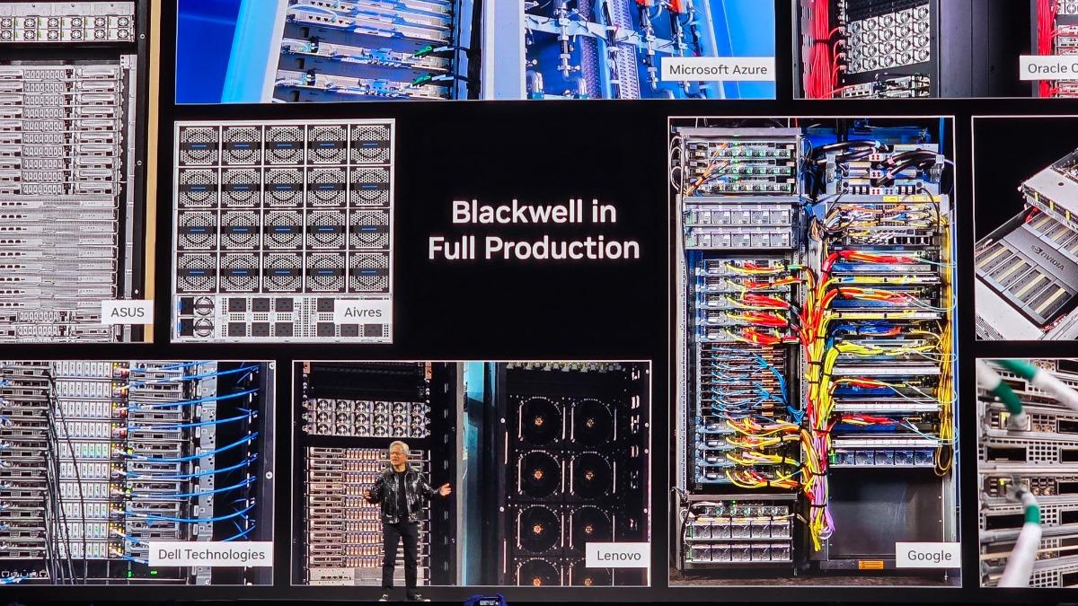 黃仁勳透露晶片Blackwell已全面投入生產，另外由於需要的計算量非常驚人、當前的目標是要創造出巨型AI晶片。（圖／翻攝自X@anshelsag）