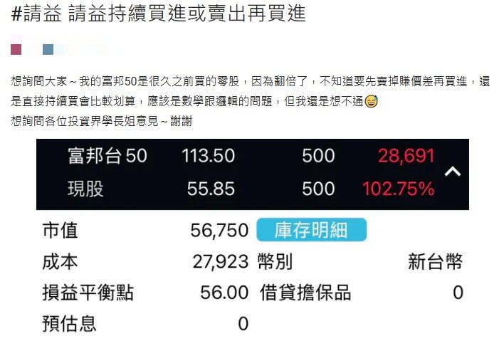 原PO多年前買入500股的006208，如今獲利已翻倍。（圖／翻攝自Dcard）