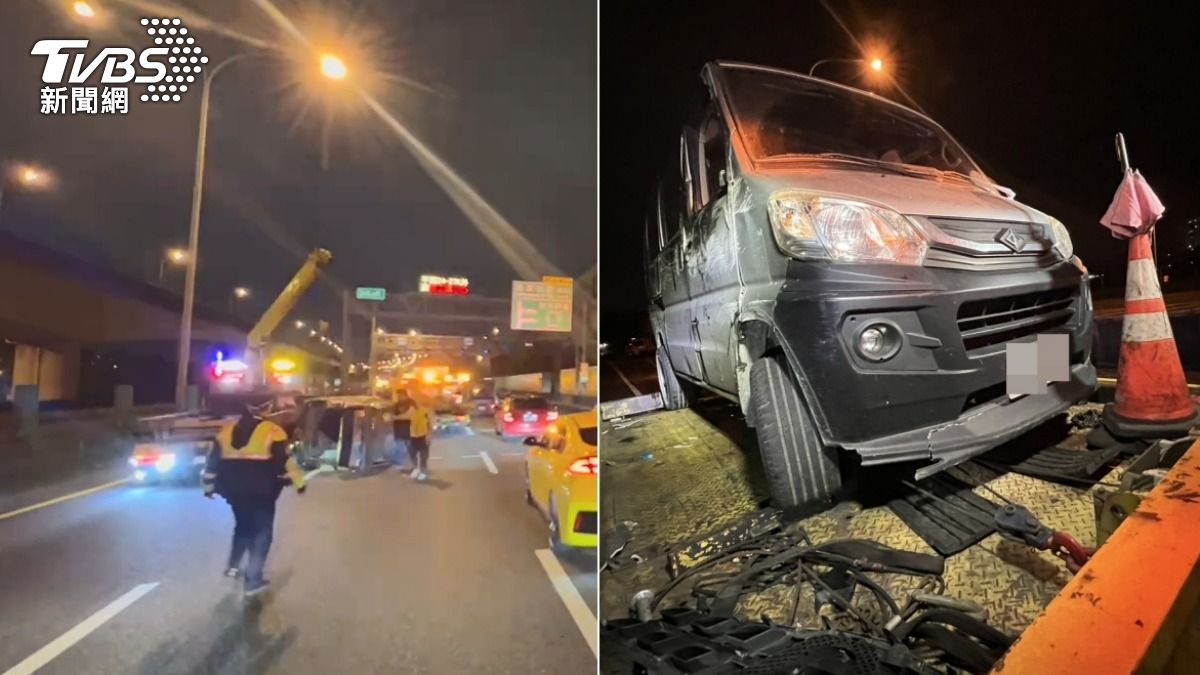 國道連環撞!小貨車疑似輾三角錐側翻 後車追撞釀2傷