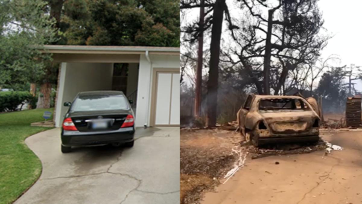 洛杉磯大火前後對比照驚人,居民住家前的車子,也被燒得焦黑。(組圖/翻攝自Google Maps、X)