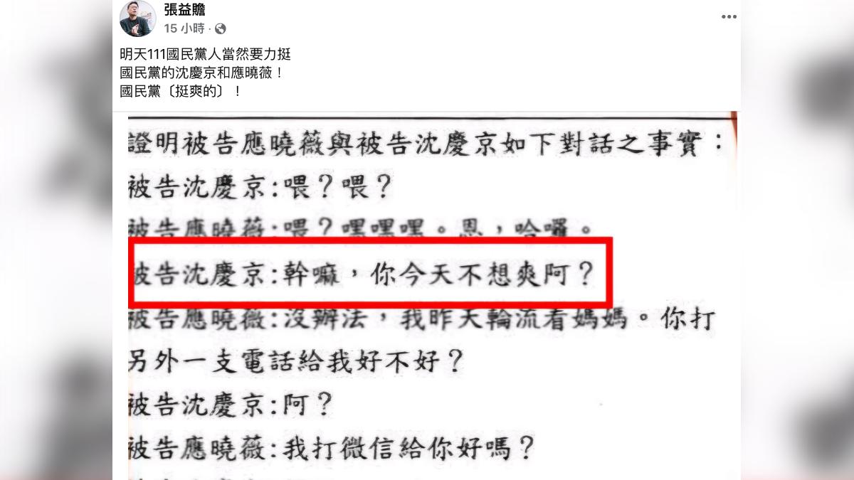 張益贍發文沈慶京、應曉薇私密對話。(圖/翻攝張益贍臉書)