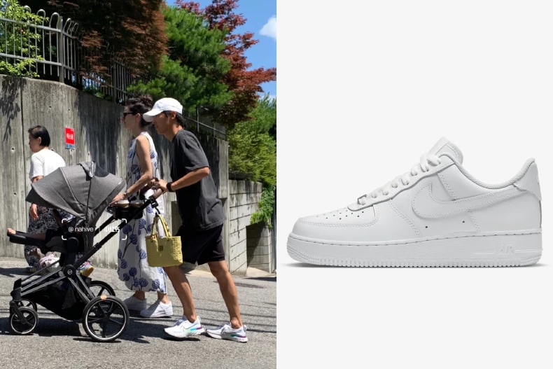 宋仲基和老婆被捕捉到在街上遛娃,老婆腳上的小白鞋正是NIKE Air Force 1。(圖/翻攝自小紅書@AAAOutfittt、NIKE)
