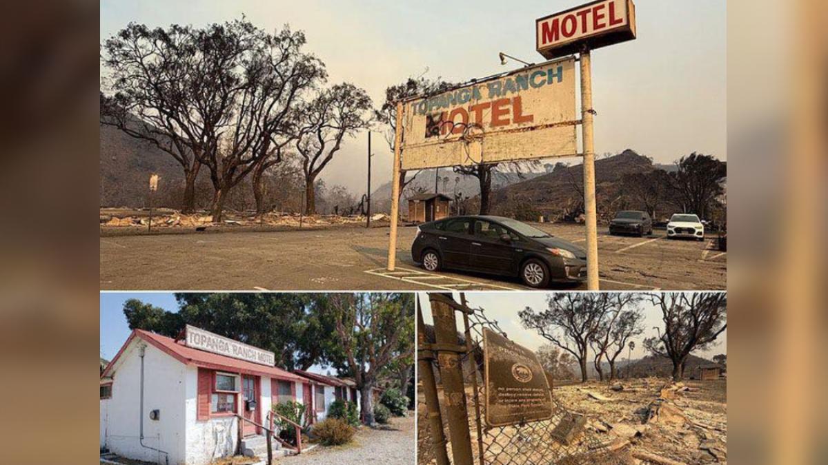 洛杉磯托潘加牧場汽車旅館（Topanga Ranch Motel）也化為灰燼。（圖／翻攝自X @alisonmartino）
