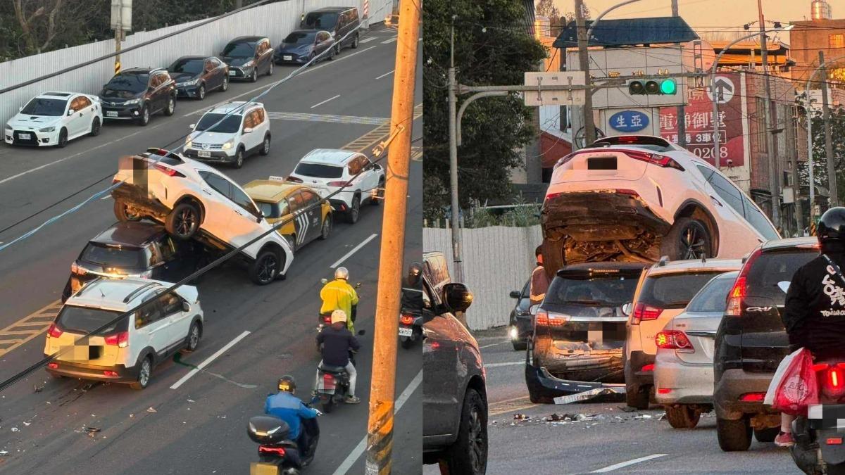 有片／桃園中壢5車撞成疊羅漢　休旅車「整輛被剷起」畫面曝