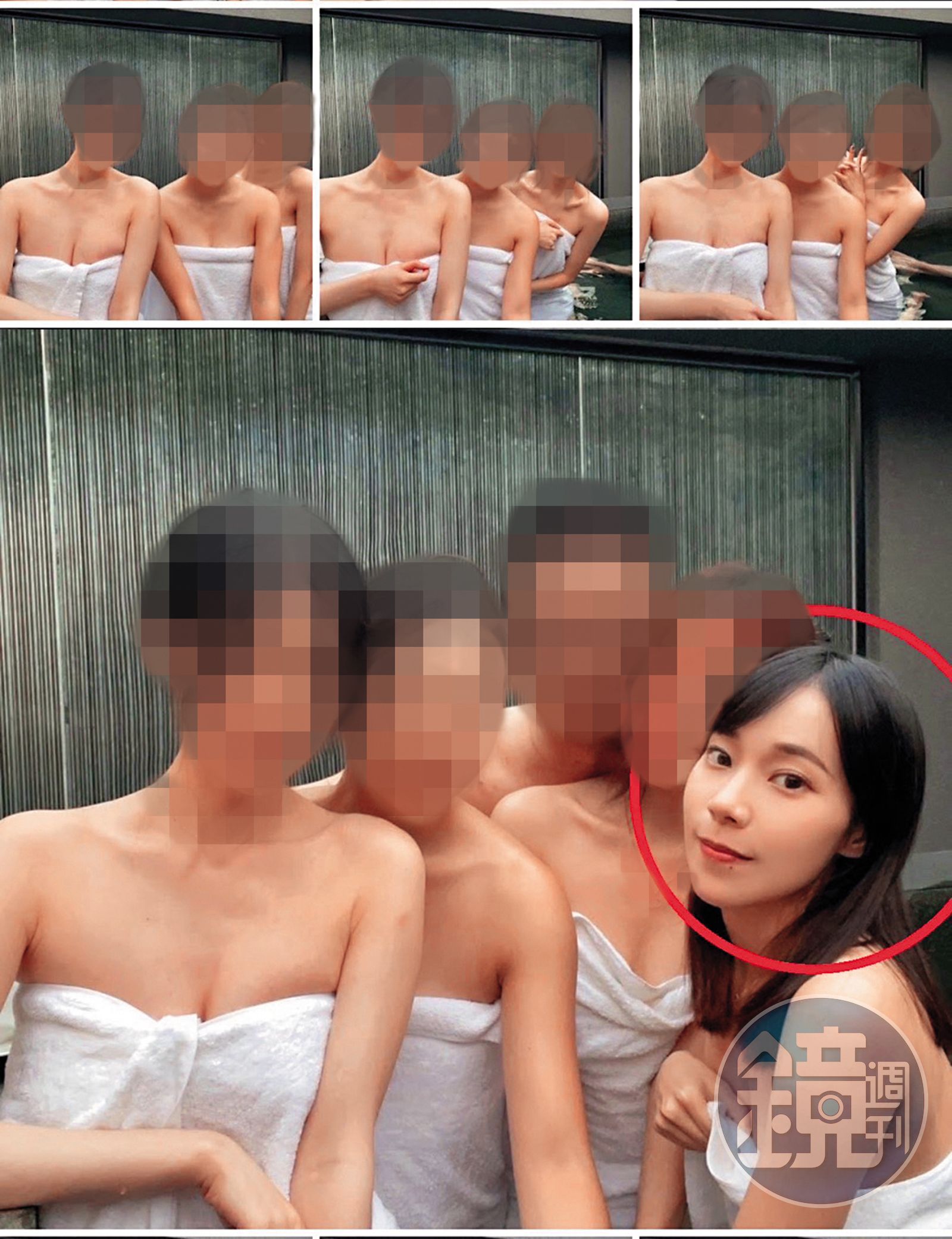 奈奈子（紅圈處）揪網美姐妹一起服侍富商，4女配1男泡裸湯的畫面曝光，引起轟動。（圖／鏡週刊）