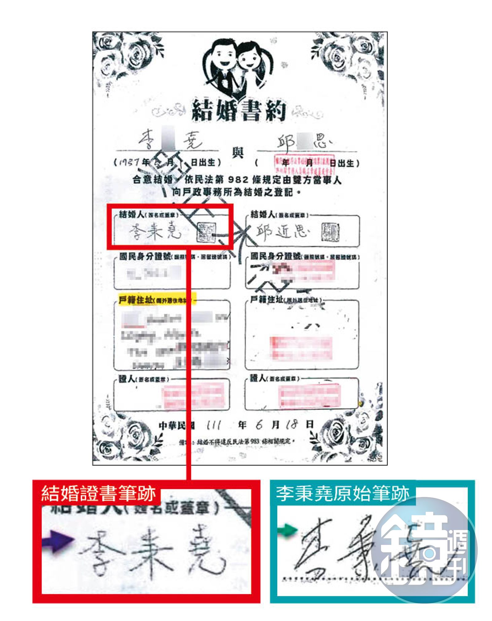 李怡的女兒質疑父親(本名李秉堯)與邱近思的結婚證書簽名(右圖紅框處)有明顯差異。(圖/讀者提供)