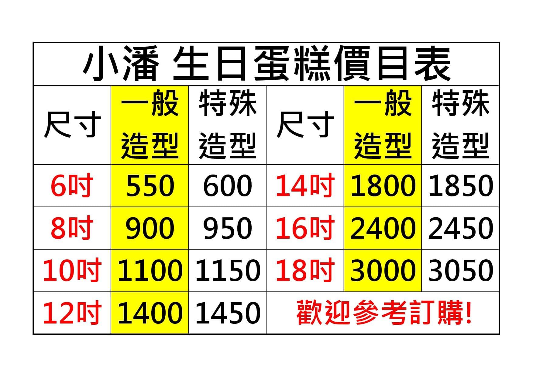 小潘蛋糕坊最新價目表。(圖/翻攝小潘蛋糕坊 臉書粉專)