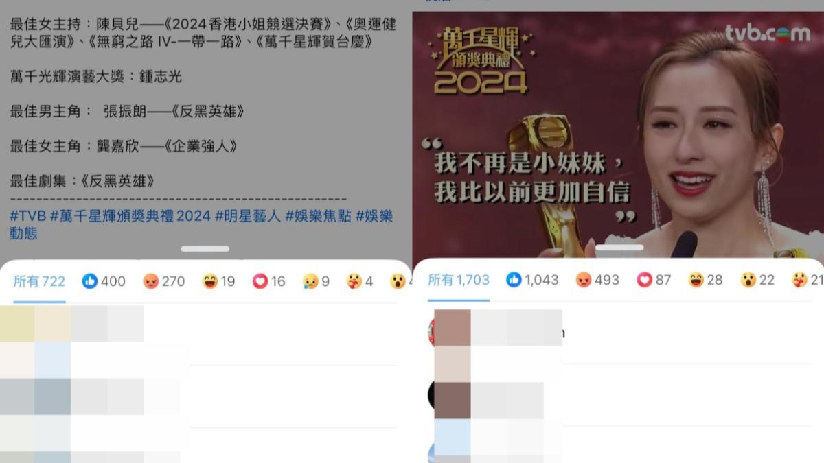 雖然此次奪得視帝后的兩位都屬實力派演員,但粉絲仍不買單。(圖/翻攝自TVB臉書)