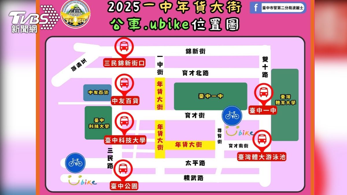 2025一中商圈年貨大街公車、Ubike位置圖。(圖/TVBS)