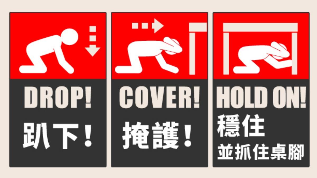 消防署公布地震正確保命法「DCH三步驟」。(圖/翻攝內政部消防署官方網站)