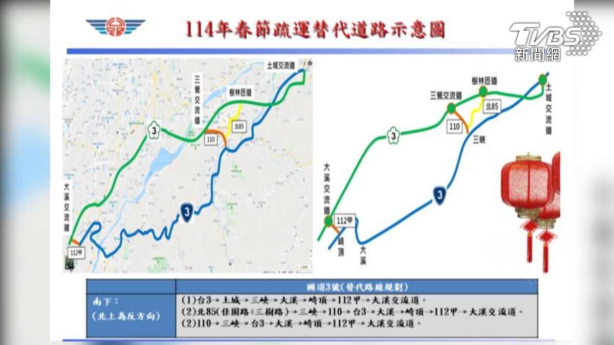 國三土城到大溪路段擁塞時,民眾可善用台3線,繞過擁塞車潮。(圖/交通部公路局 提供)
