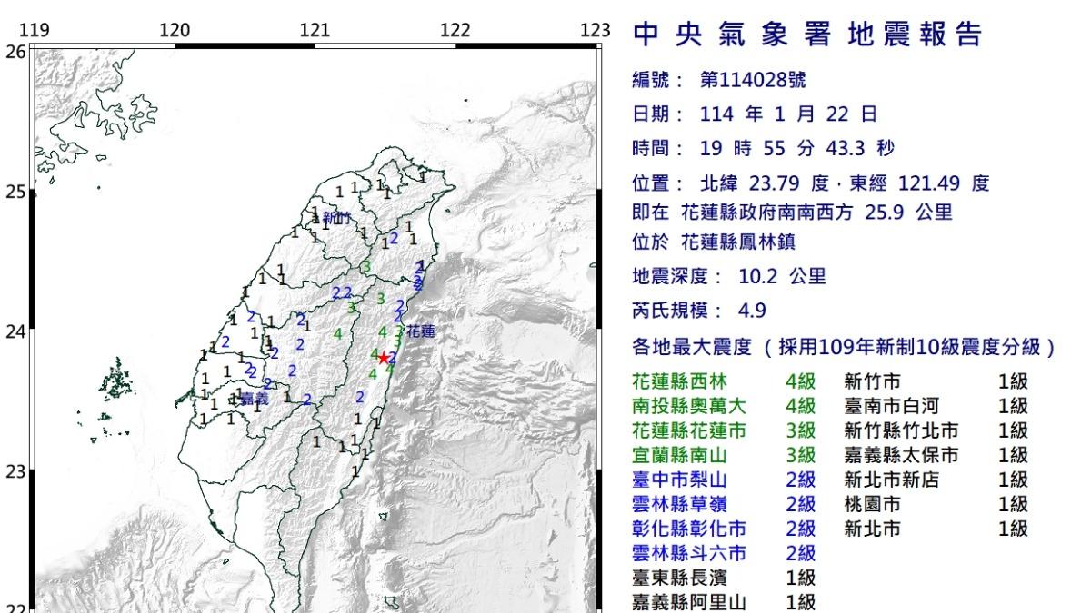 又震!19:55花蓮鳳林規模4.9有感地震 最大震度4級