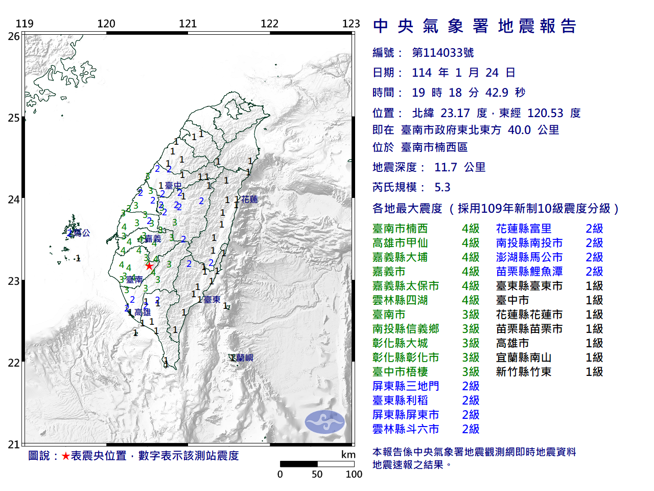 19時18分發生芮氏規模5.3地震。（圖／中央氣象署）