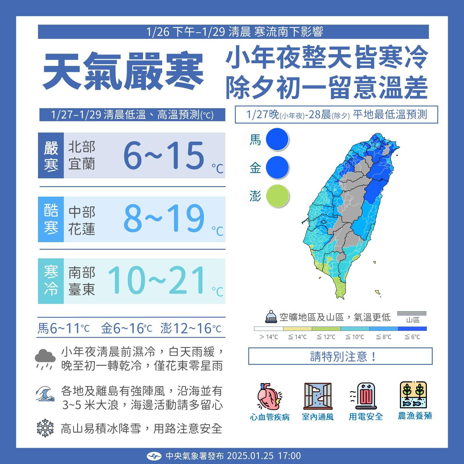 氣象署提醒，小年夜整天寒冷，除夕、初一注意溫差。（圖／翻攝自報天氣 - 中央氣象署臉書）