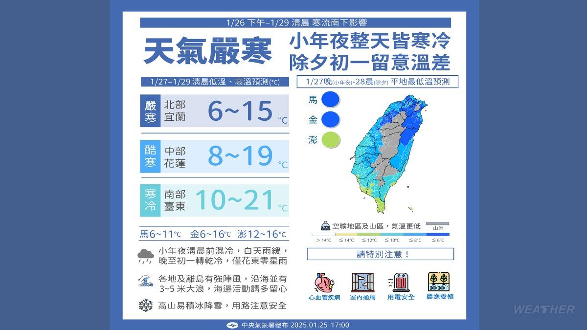 受到寒流影響，全台氣溫下降。（圖／中央氣象署）