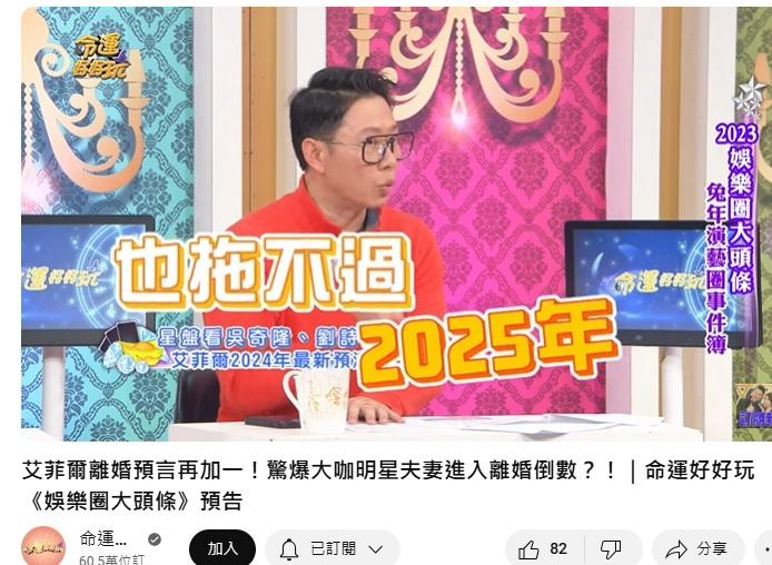 艾菲爾認為吳奇隆與劉詩詩離婚一事「拖不過2025年」。(圖/翻攝自《命運好好玩》YouTube)