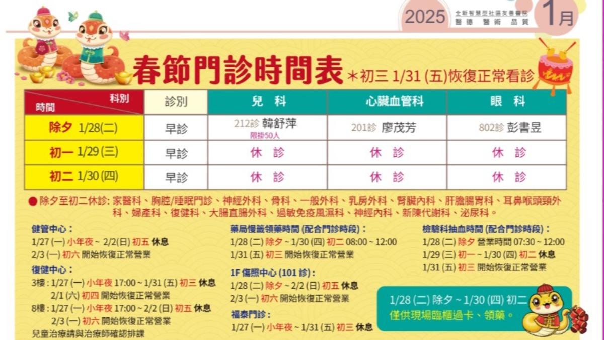長安醫院春節開診狀況。(圖/長安醫院提供)