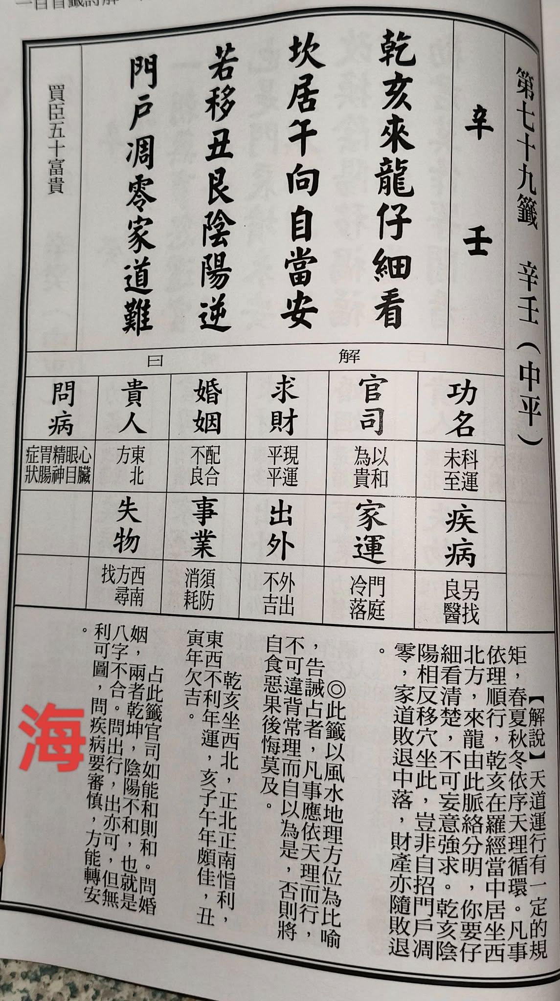 媽祖賜國運籤,海籤抽到「辛壬」中平籤。(圖/翻攝自新北頭前庄慈聖宮天上聖母臉書)