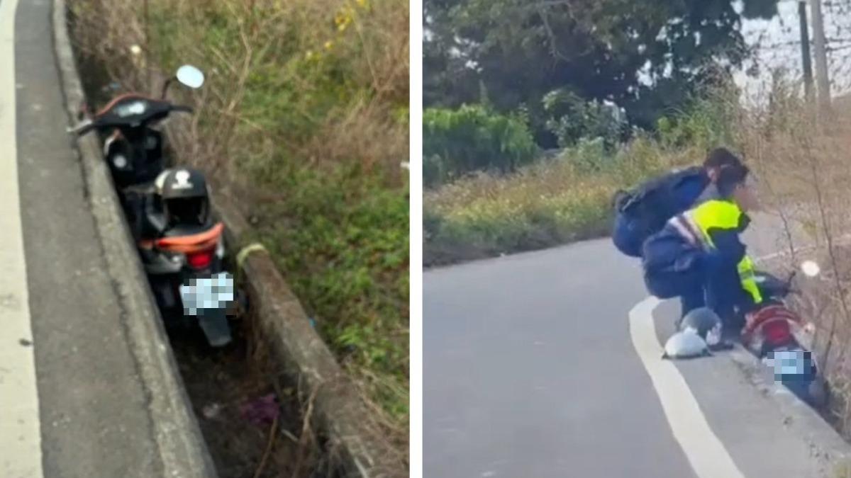 嘉義男會車失敗噴飛卡水溝「2帥警抬車」 網笑:健身有練