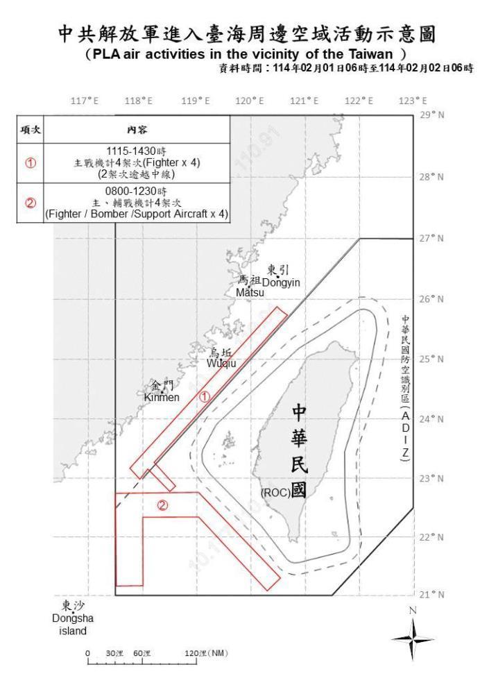 中共解放軍進入臺海周邊空域活動示意圖。(圖/國防部提供)