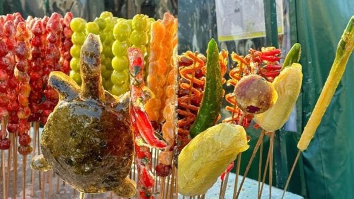 不只鱉被做成糖葫蘆,就連大白菜、小黃瓜等食材都被做成糖葫蘆。(圖/翻攝自中國報)