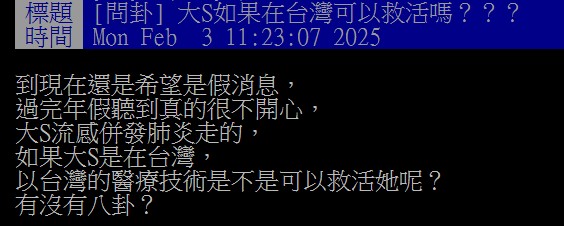 原PO好奇如果大S是在台灣病情惡化,是否就有機會救活?(圖/翻攝自PTT)