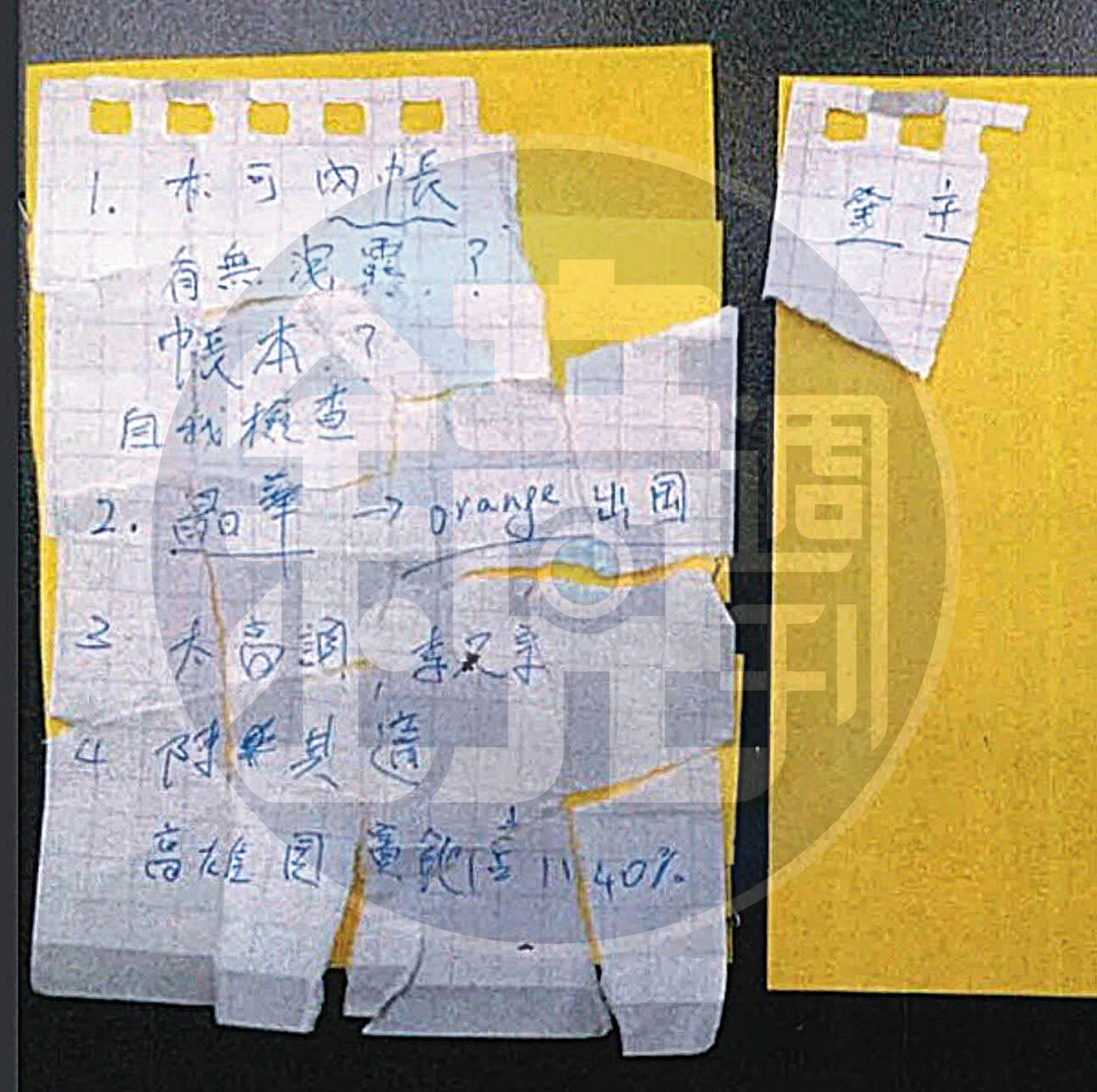 被撕碎的柯文哲手諭紙條除寫著「Orange出國」，還提及木可內帳及高雄國賓飯店，大有串證帶風向味道。（圖／鏡週刊）