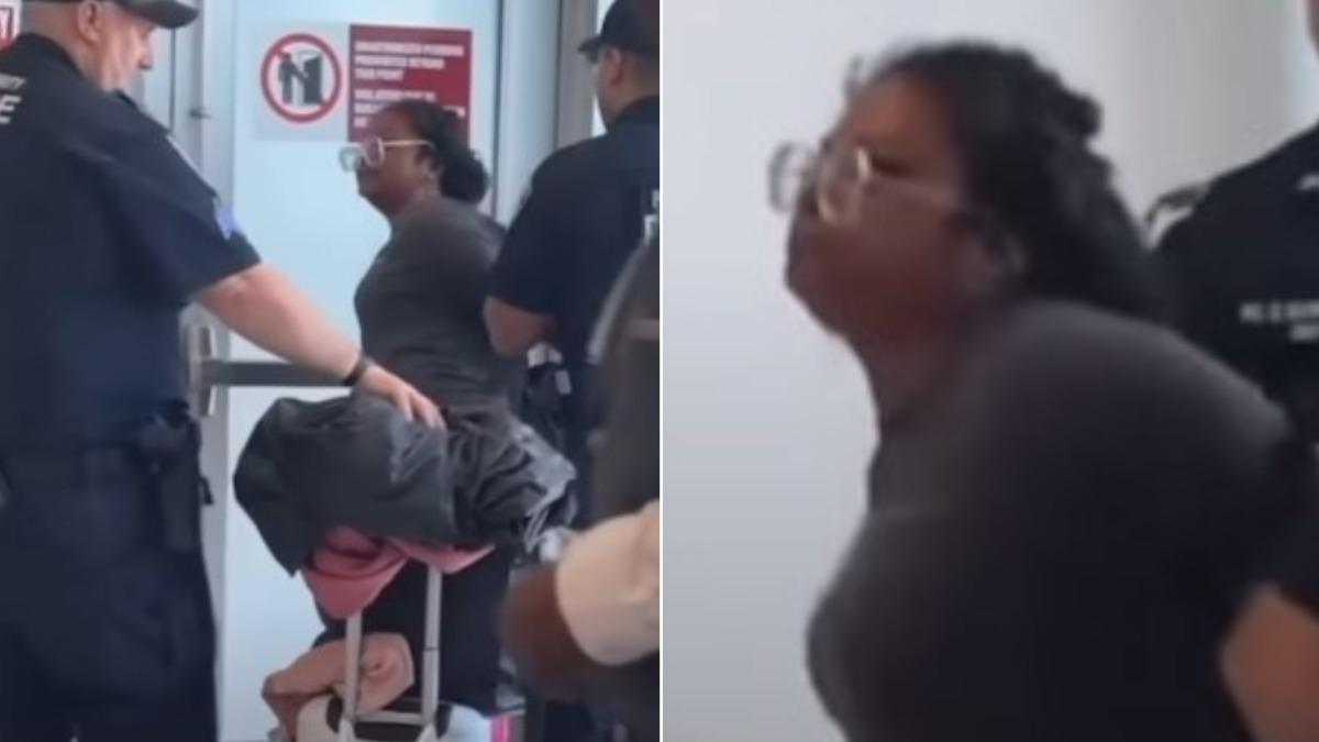 眼見這名女子不肯保持冷靜，機場警察隨即出現為其戴上手銬。（圖／翻攝自YouTube@KAREN LIVES MATTER）