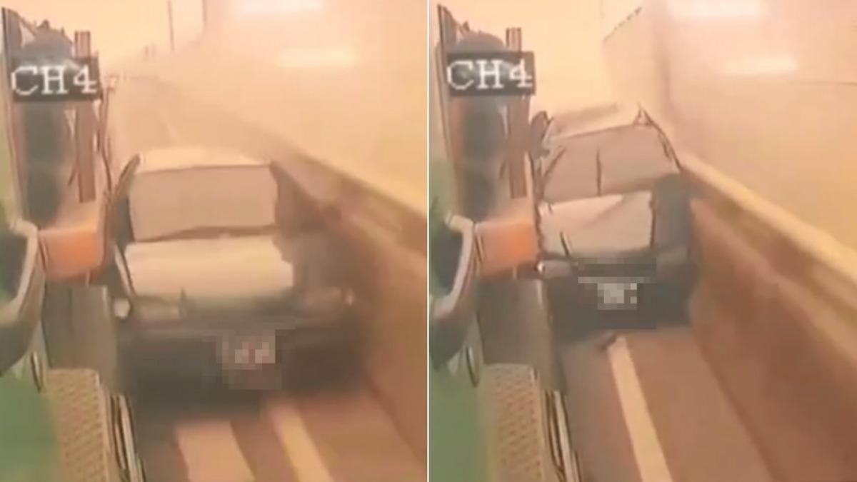台64轎車遭聯結車「夾殺」拖行 車身全撞爛驚悚畫面曝