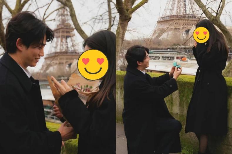 單膝下跪小藍盒很吸睛。(圖/翻攝自IG@thebestphotoparis)