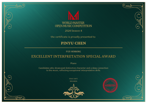 World Master Open Music Competition白金獎(Platinum Prize)與特別詮釋獎(Excellent Interpretation Special Award)