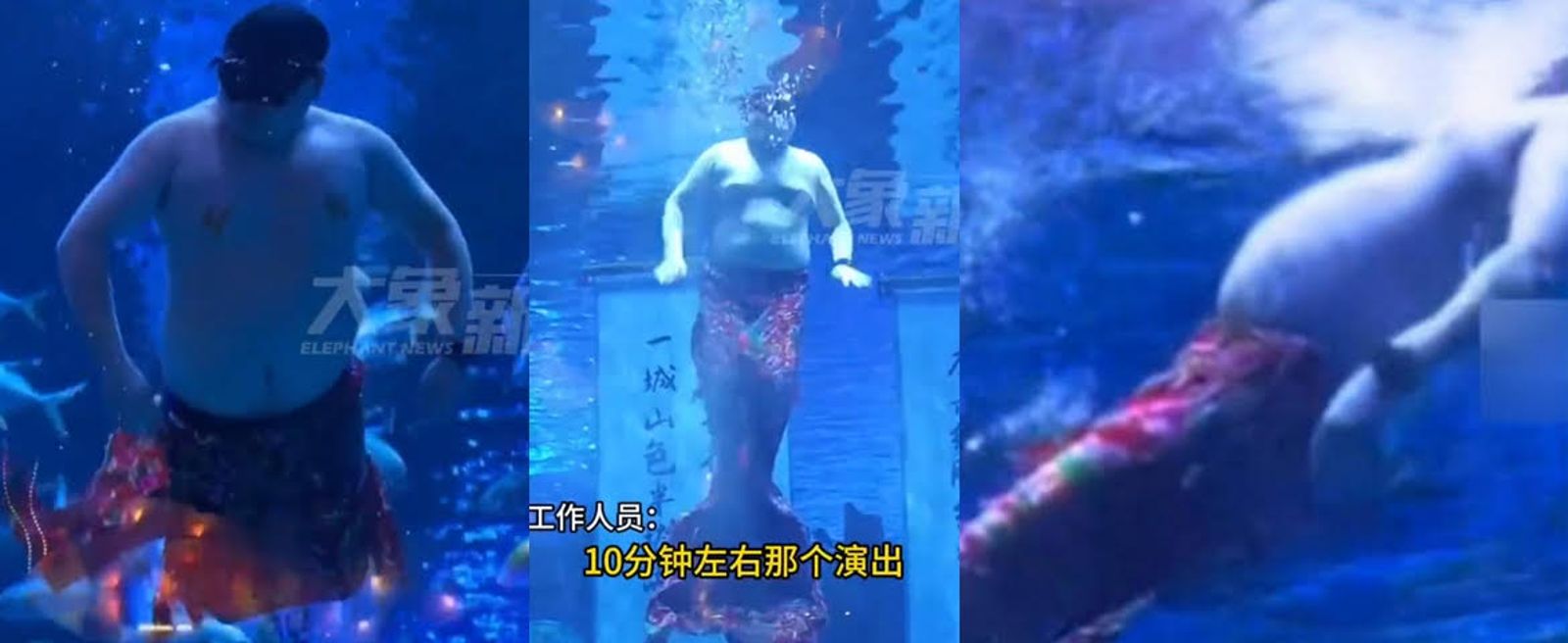 胖大叔表演美人魚時,肥肚腩會隨著身軀擺動而震動,令網友笑翻。(圖/翻攝自微博)